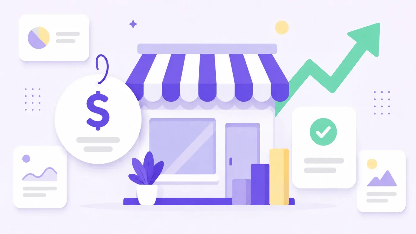 Illustration flat design violet et crème : une devanture de boutique avec auvent rayé violet, une étiquette de prix ronde avec un symbole monétaire, une flèche de croissance verte et une coche de validation, cartes flottantes sur fond blanc-lavande