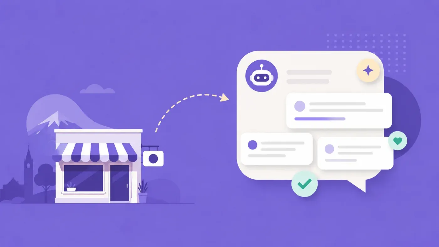 Illustration flat design violet et crème : une devanture de boutique avec un repère de localisation et une carte de fiche Google avec étoiles et coche de validation, sur fond blanc-lavande