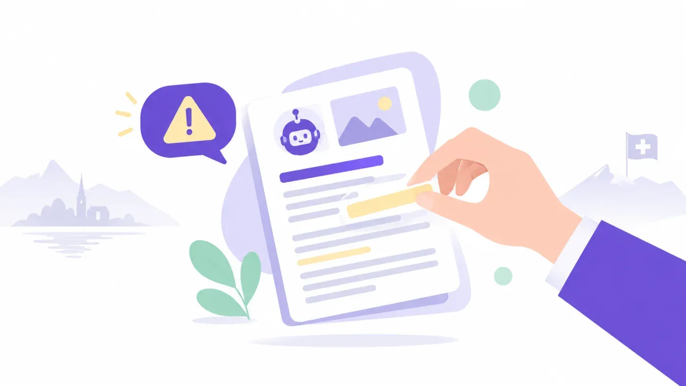 Bulle de dialogue avec un point d'exclamation reliée à une main qui corrige un document, symbole de correction d'une fausse information générée par une IA