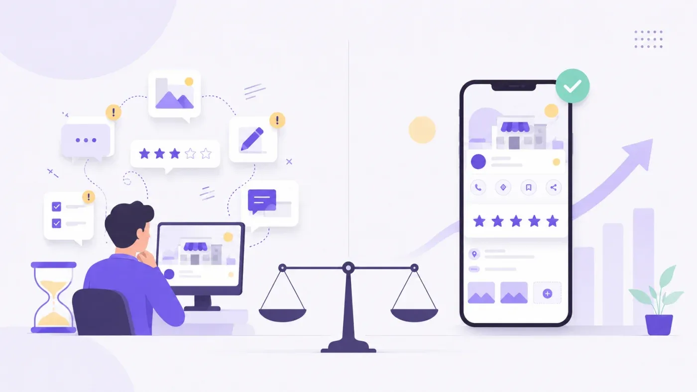 Illustration d'une balance : à gauche un dirigeant devant son ordinateur entouré de tâches éparpillées (avis, photos, posts, sablier symbolisant le temps passé) ; à droite une fiche Google Business Profile organisée avec 5 étoiles et une flèche de croissance, symbolisant la gestion déléguée
