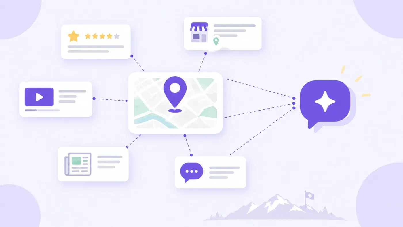 Illustration flat design : une carte avec un grand repère violet au centre, reliée par des lignes pointillées à des cartes d'étoiles, de fiche commerce, de vidéo, d'article de presse et de bulle de discussion, avec une bulle IA scintillante et des montagnes suisses, sur fond lavande