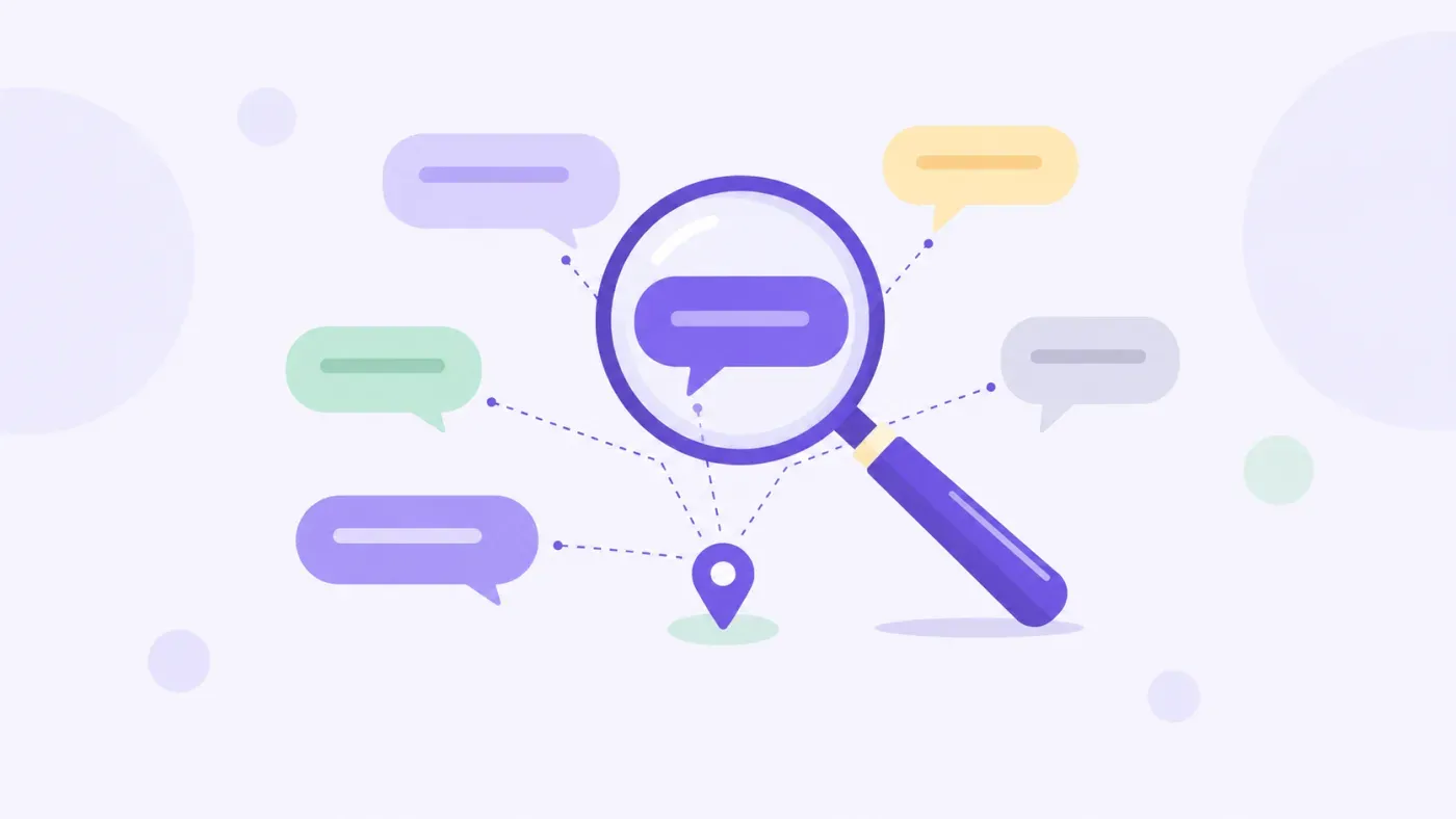 Loupe et bulles de dialogue reliées à un repère de localisation, symbole de mesure de la visibilité dans les réponses IA