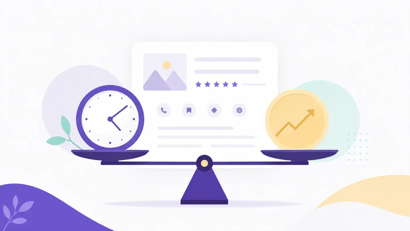 Illustration flat design d'une balance : à gauche une pile de pièces représentant le coût monétaire d'une gestion déléguée, à droite un sablier et des tâches (avis, photos, posts) représentant le temps investi dans la gestion en interne