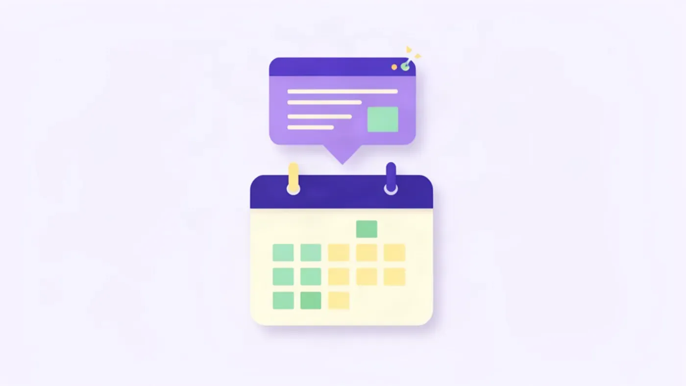 Illustration flat design violette d'un calendrier avec une carte de post flottante au-dessus, sur fond blanc-lavande