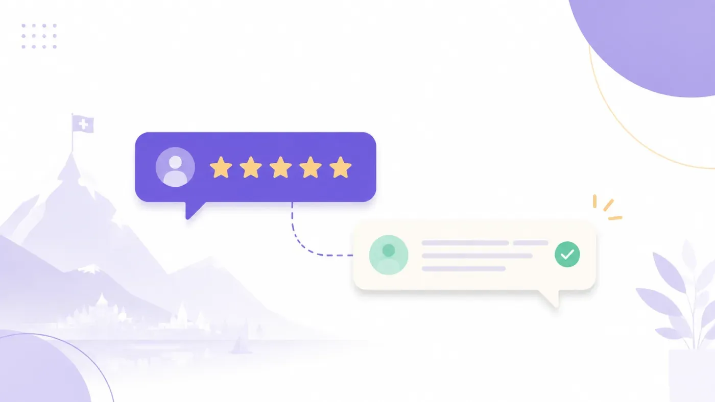 Illustration flat design d'une bulle de dialogue violette contenant cinq étoiles d'avis, reliée par une ligne en pointillés à une bulle de réponse professionnelle avec une coche de validation verte