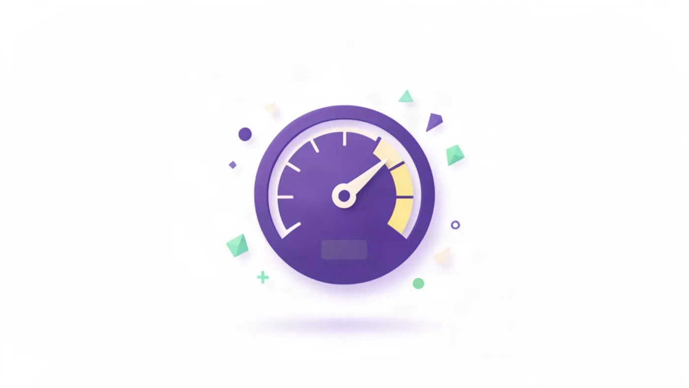 Illustration flat design d'un compteur de vitesse violet stylisé avec une aiguille pointant vers une zone favorable, entouré de petites formes géométriques colorées, sur fond blanc-lavande