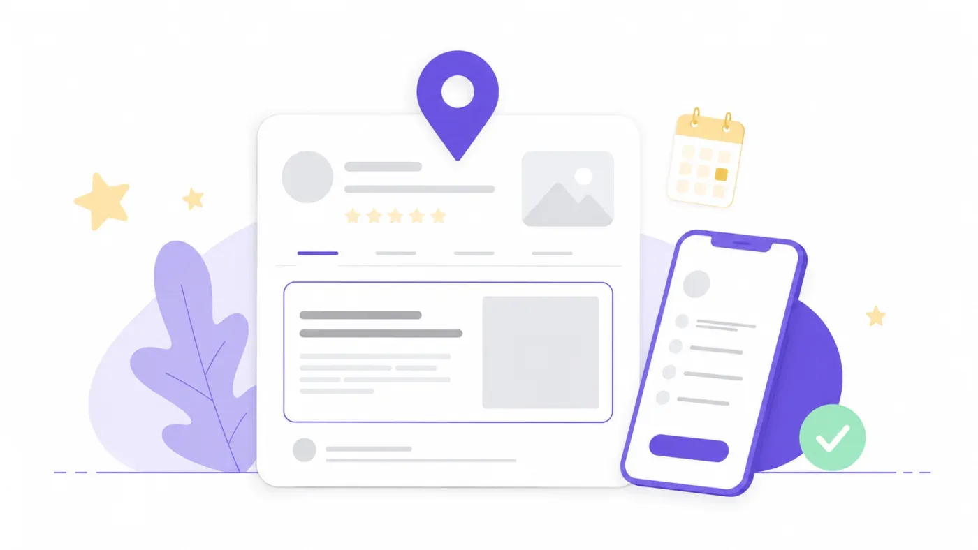 Composition flat design claire : grandes cartes blanches aux coins arrondis évoquant des publications de fiche Google, avec des barres grises simulant le texte, un élément violet vif en avant-plan, un badge circulaire lavande, des accents crème pâle et une touche de vert d'eau, sur fond blanc lavande très clair