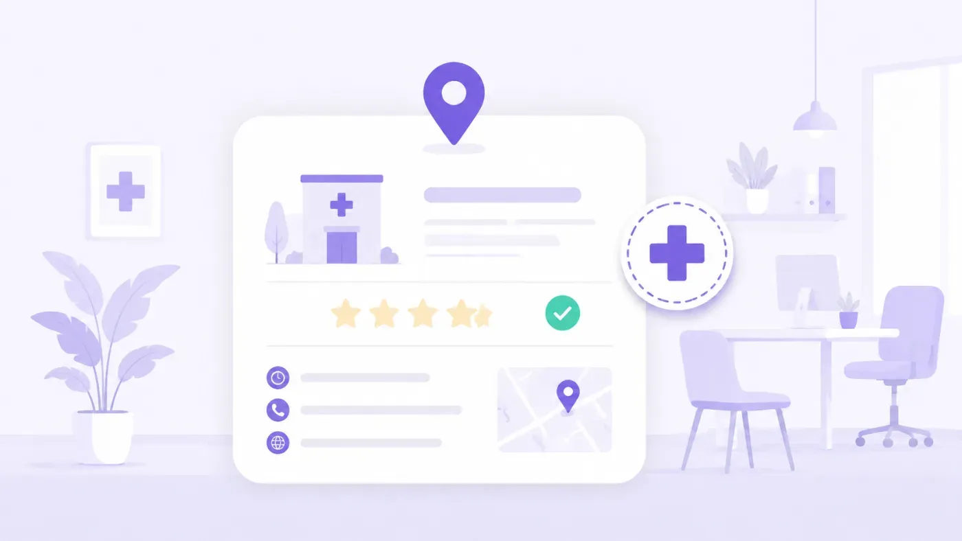 Grande carte blanche aux coins arrondis évoquant une fiche d'établissement Google, surmontée d'un repère de localisation violet, avec un bâtiment médical stylisé, des barres grises simulant du texte, cinq étoiles crème et une coche verte, entourée d'un badge circulaire violet à croix médicale et de mobilier de consultation épuré, sur fond lavande clair
