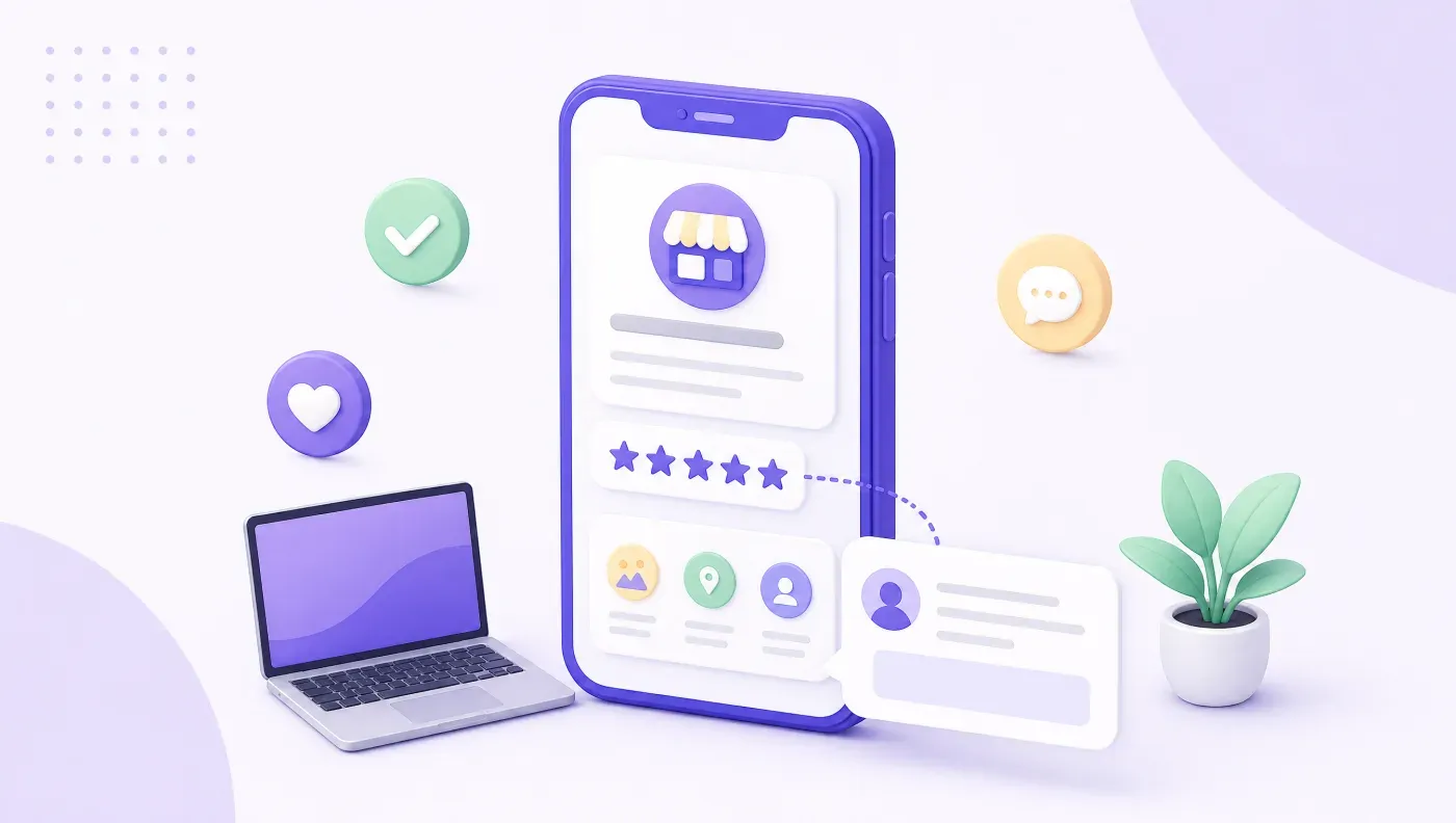 Smartphone affichant une fiche Google Business Profile avec un avis 5 étoiles auquel un gérant répond depuis un ordinateur portable, entouré d'icônes de coche verte, bulle de dialogue et cœur, illustrant la réponse pro aux avis Google positifs et négatifs