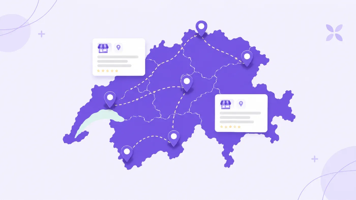 Carte de la Suisse romande avec des épingles de localisation et une fiche Google posée dessus