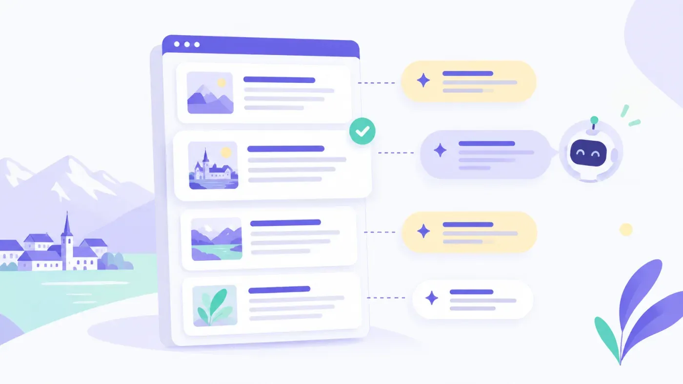 Illustration flat design violet et crème : une page web stylisée avec des blocs de contenu en cartes blanches et un repère de validation coché, connectée par des lignes en pointillés à une bulle de réponse, sur fond blanc-lavande