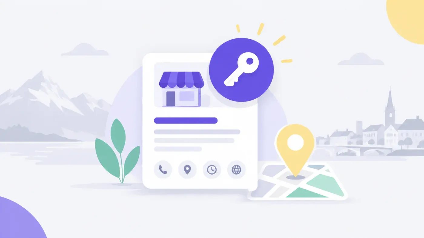 Carte blanche aux coins arrondis représentant une fiche d'établissement Google, avec un badge circulaire violet en forme de clé et un repère de localisation à proximité