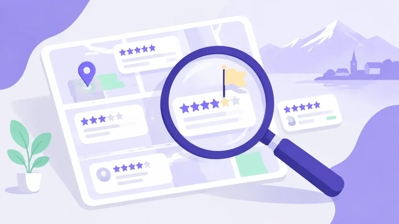Loupe examinant des avis clients notés en étoiles sur une fiche Google, avec un drapeau de signalement