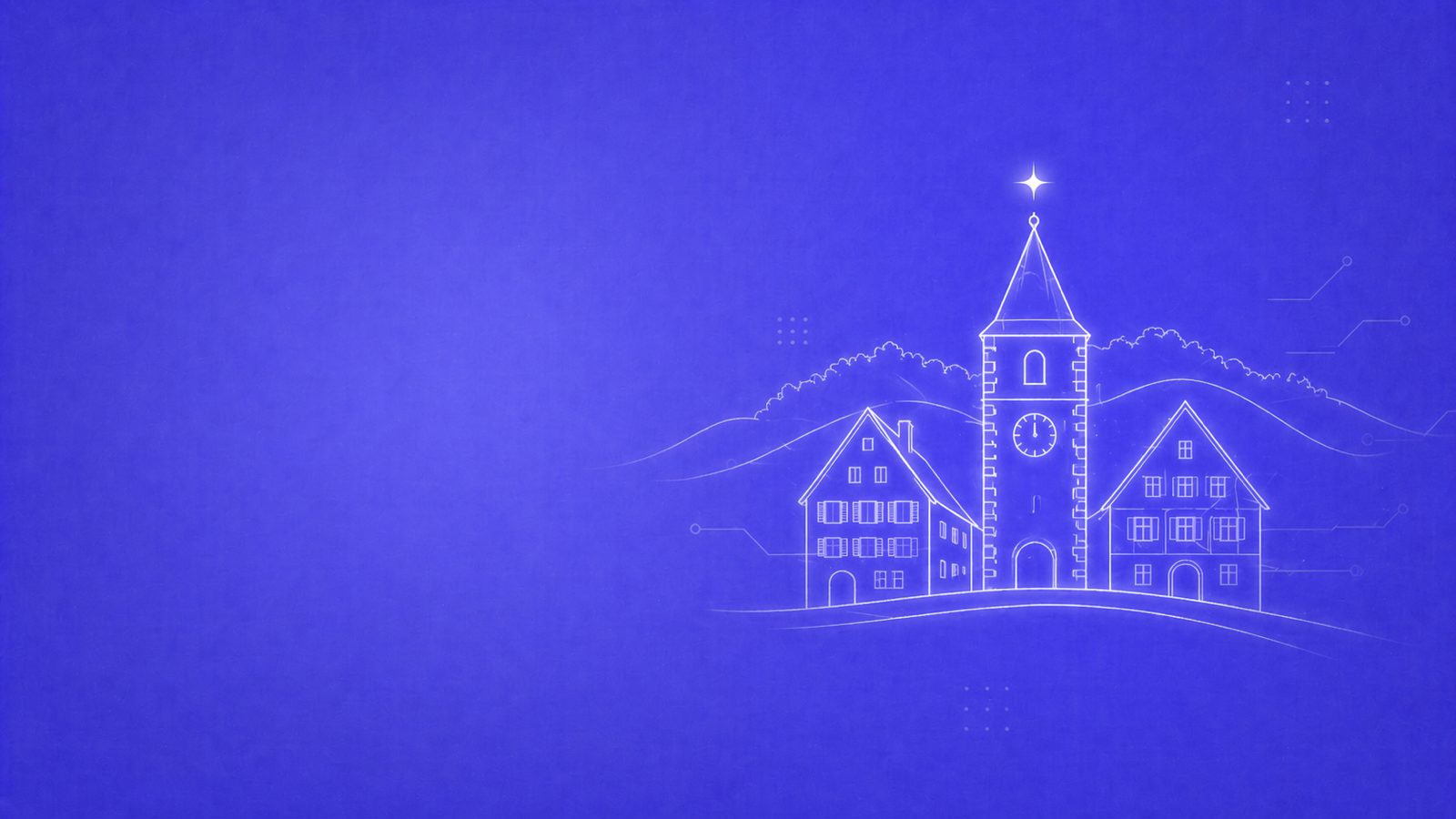 NovaUp — Agence SEO Delémont : Tour de l'Horloge médiévale flanquée de maisons à pignons de la vieille ville jurassienne avec étoile lumineuse, sur fond violet brand