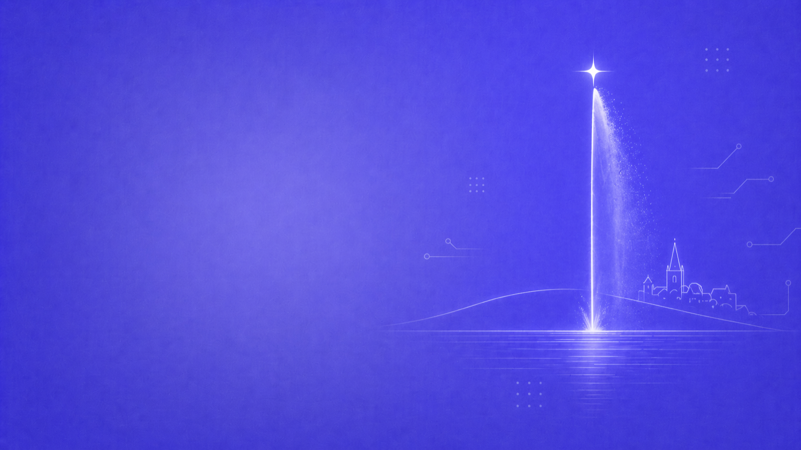 NovaUp — Agence SEO Genève : Jet d'eau stylisé avec étoile lumineuse au sommet, lac Léman et silhouette de la vieille ville, sur fond violet brand