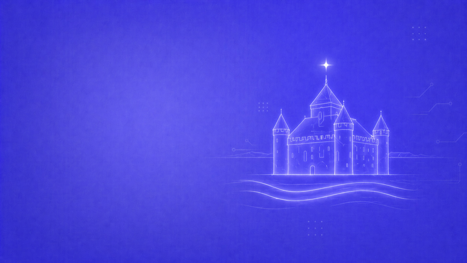 NovaUp — Agence SEO Yverdon-les-Bains : silhouette stylisée du Château d'Yverdon à 4 tours rondes avec vagues thermales en premier plan et étoile lumineuse, sur fond violet brand