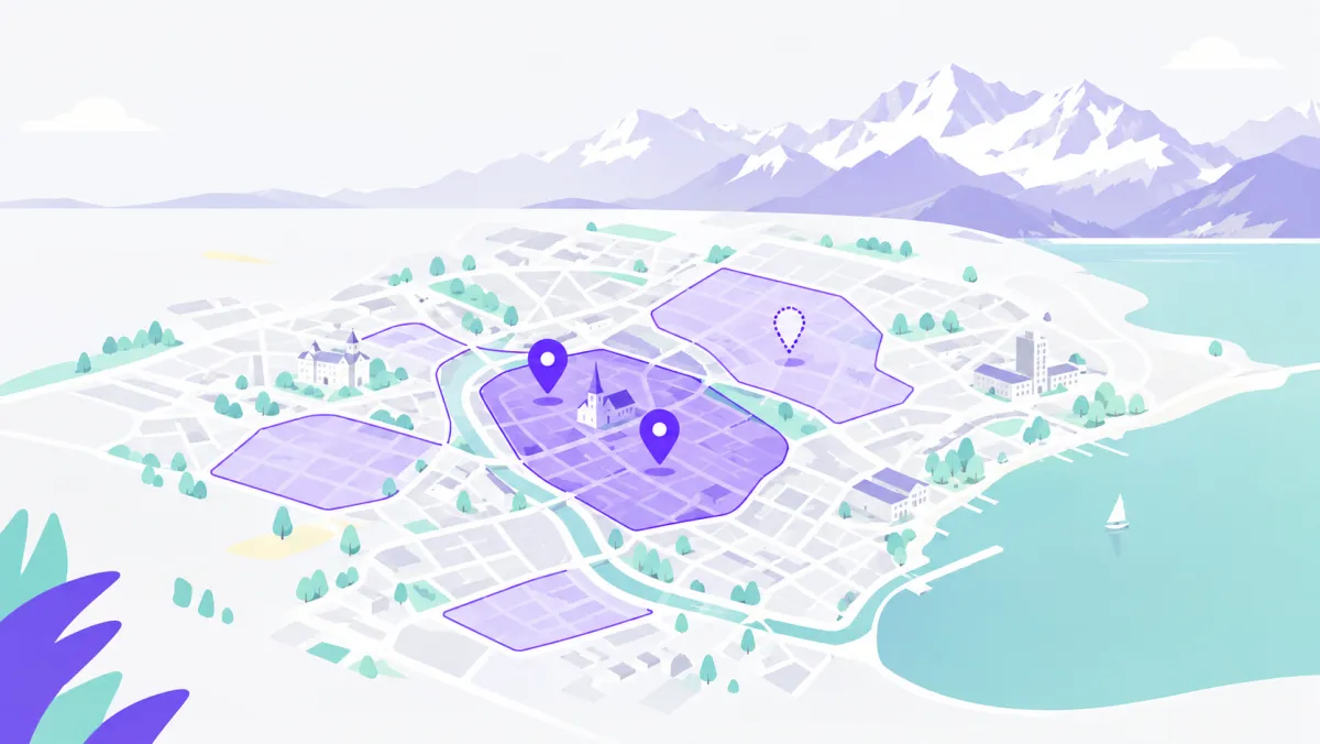 Illustration d'une carte de zones de chalandise avec des marqueurs de disponibilité pleins et un marqueur en pointillé encore libre
