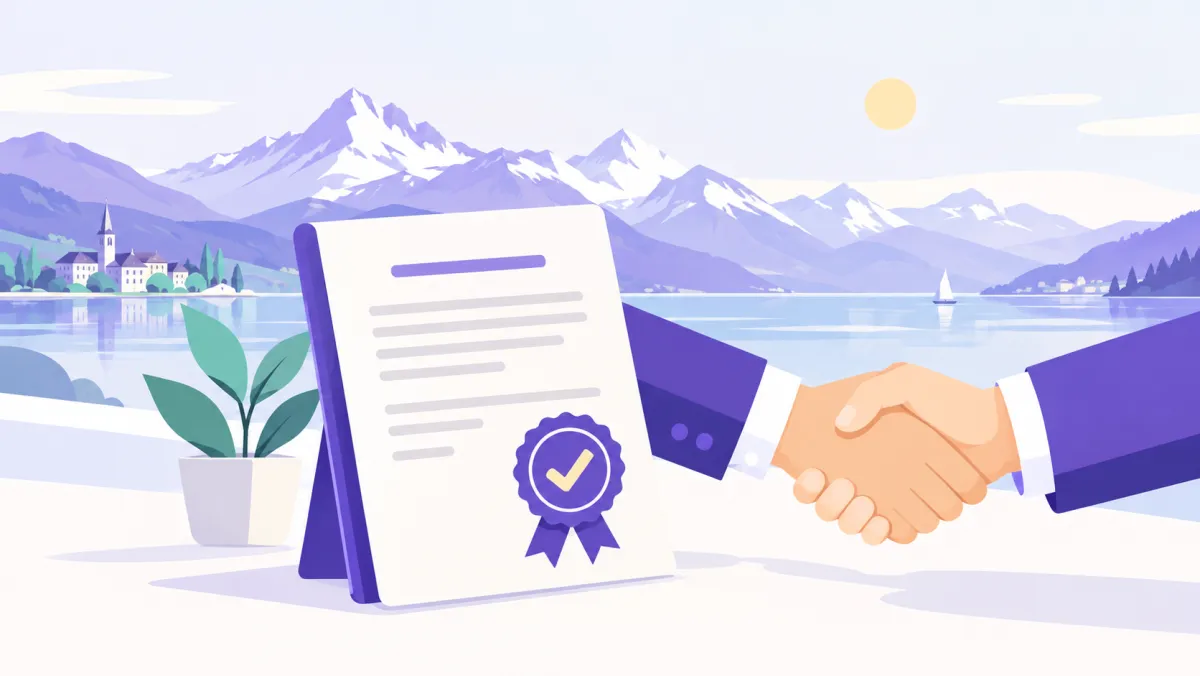 Illustration d'un contrat scellé et d'une poignée de main devant un lac suisse, symbole des garanties NovaUp
